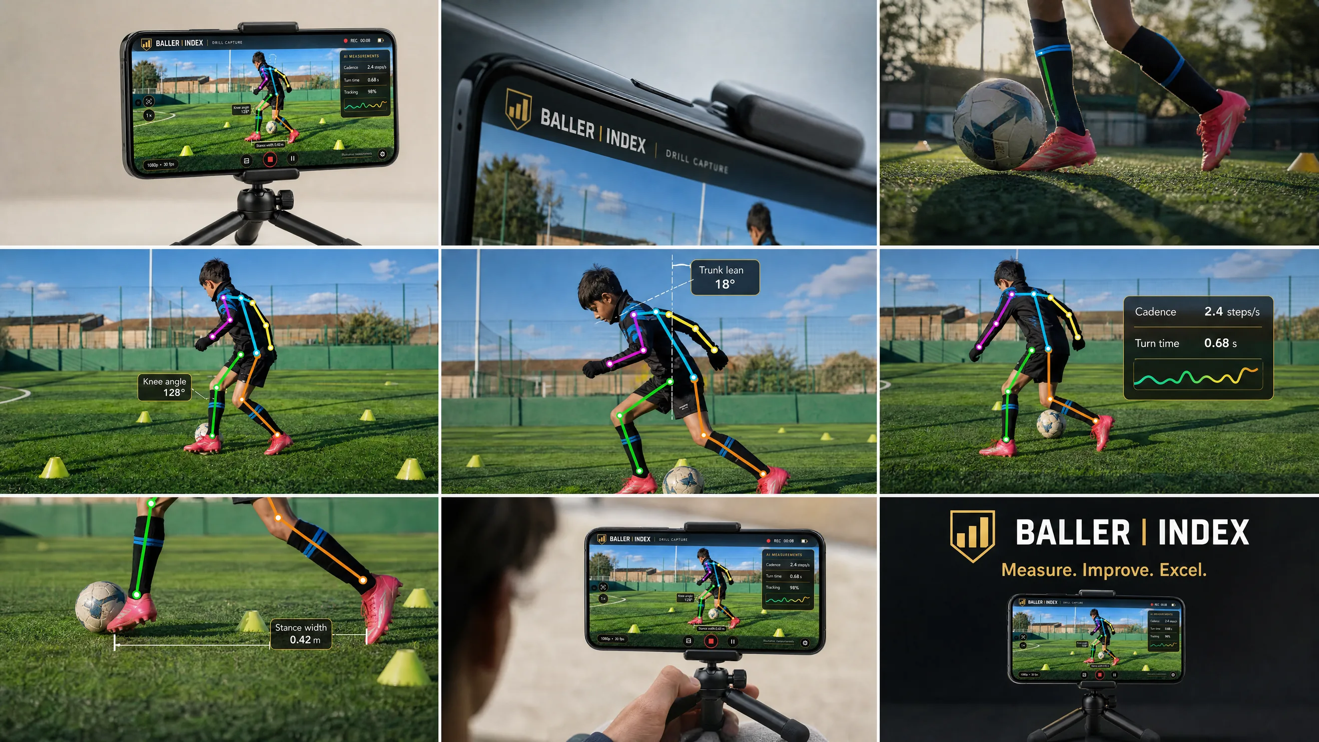 Nine-panel montage: a phone on a tripod running BallerIndex drill capture, a young player with movement-analysis overlays, and the BallerIndex brand panel.