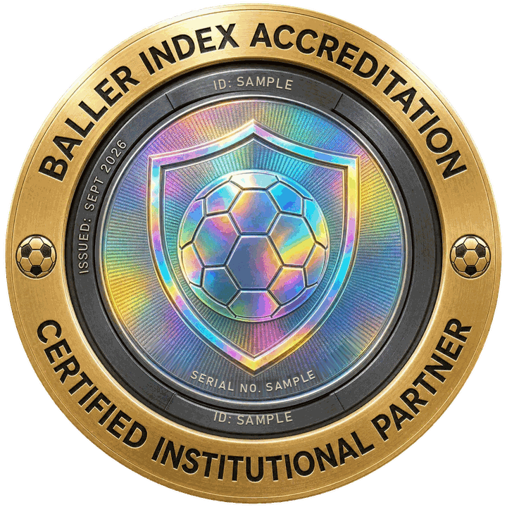 The BallerIndex Accreditation seal: a gold ring reading &ldquo;Certified Institutional Partner&rdquo; around a holographic shield with a football.
