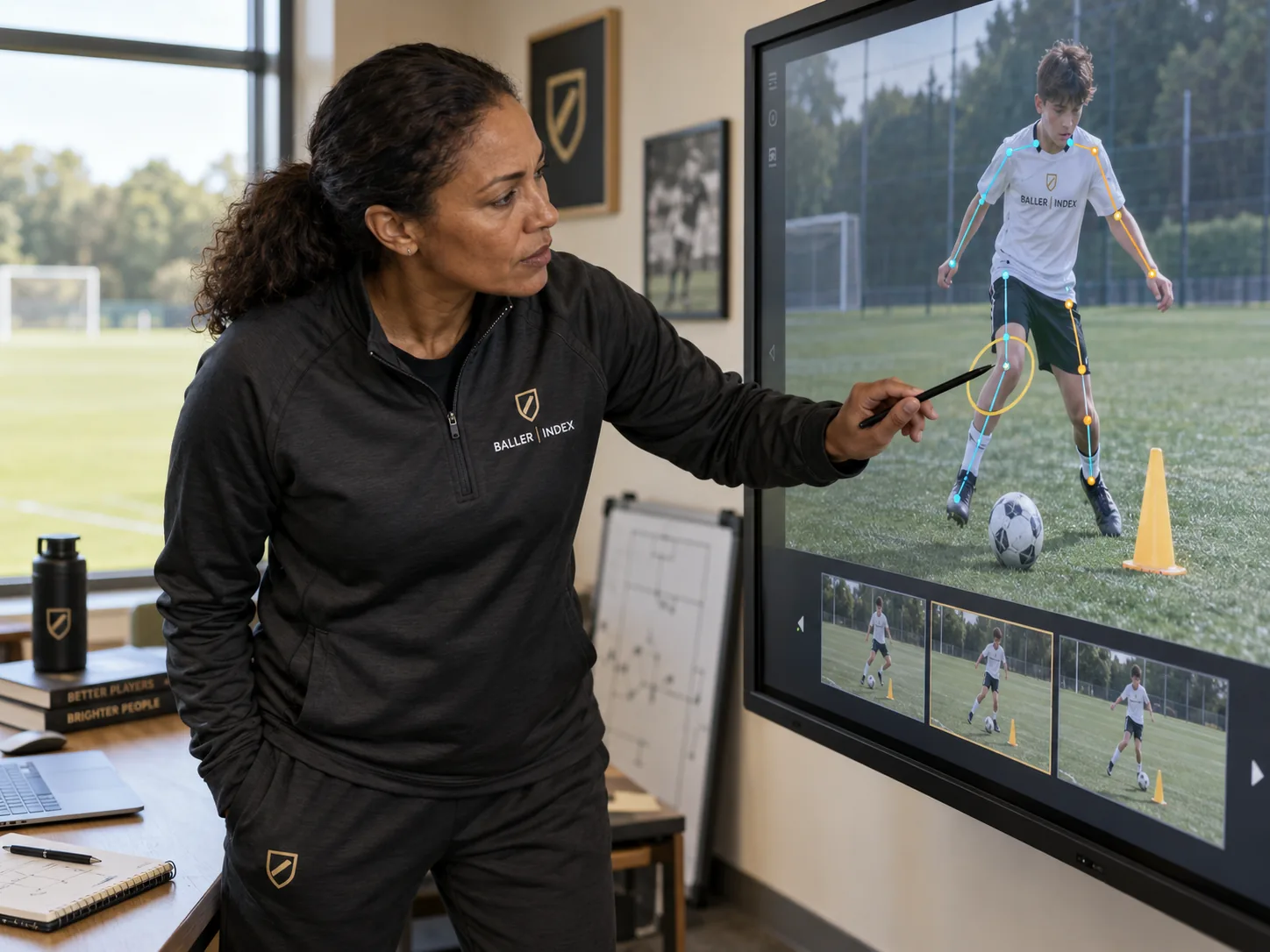 A BallerIndex coach pointing at a player&rsquo;s drill footage, with movement-analysis overlays, on a wall screen.