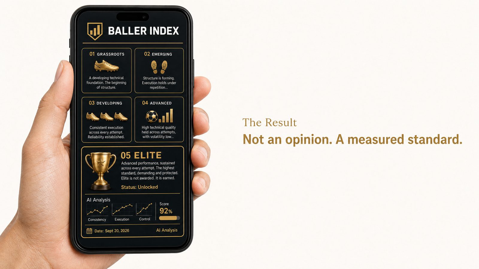 A hand holding a phone showing the BallerIndex app: the five bands from Grassroots to Elite, with Elite unlocked and the result dated.