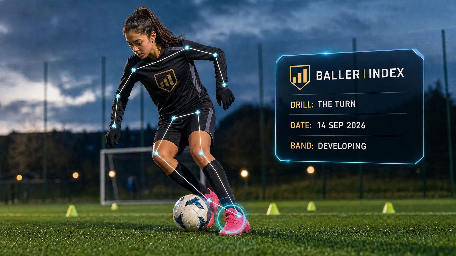 A young player in a black kit turning with the ball on an evening pitch, a motion-tracking skeleton traced over the body, beside a BallerIndex panel showing the drill The Turn, the date 14 Sep 2026 and the band Developing.